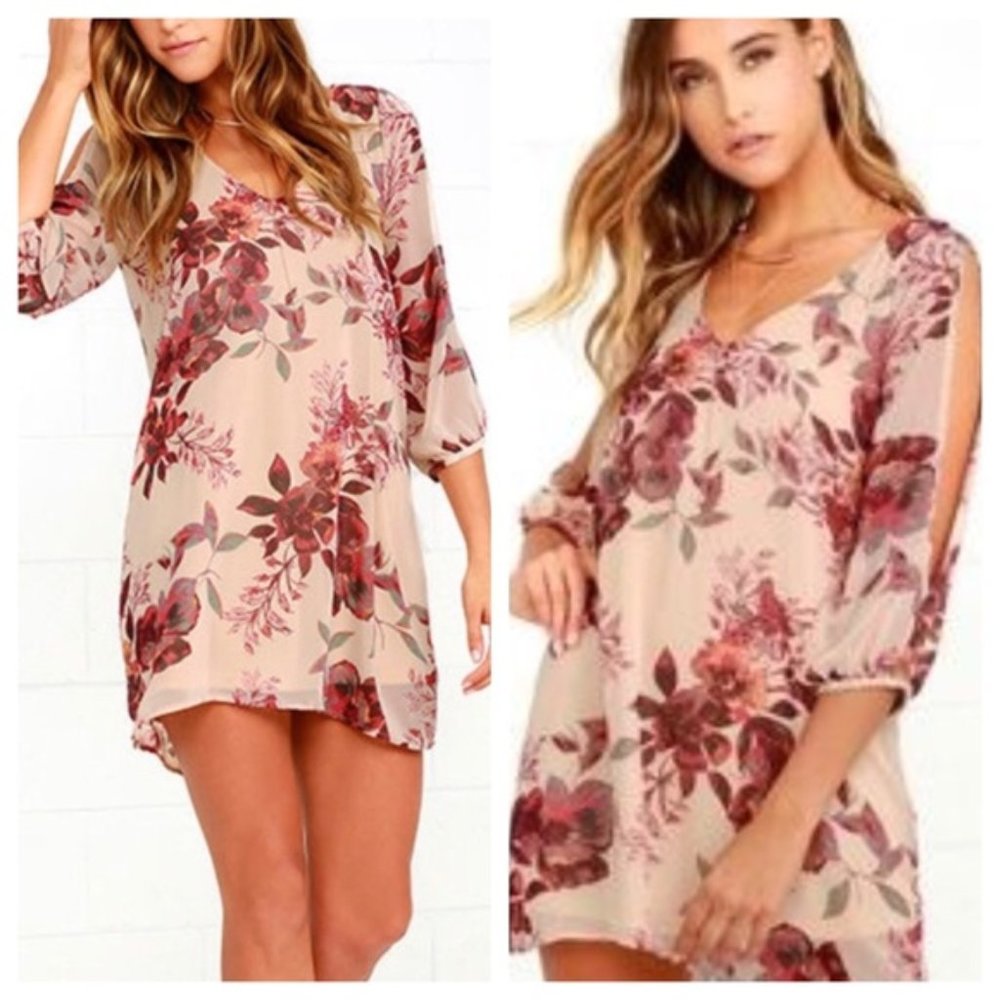 Lulu’s Shifting Dears Beige Floral Print Dress